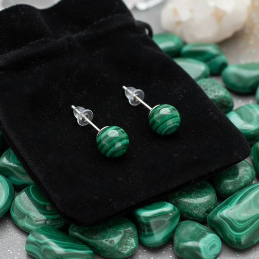 Round Stud Earrings: Malachite