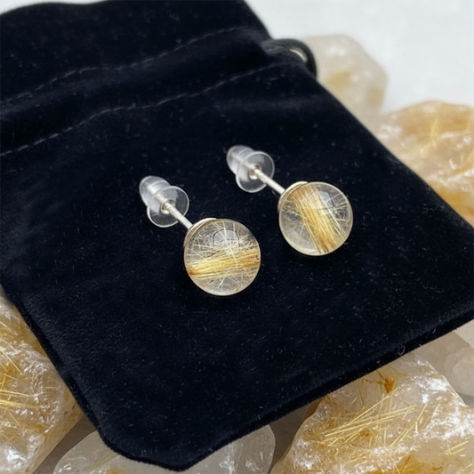 Round Stud Earrings: Rutilated Quartz