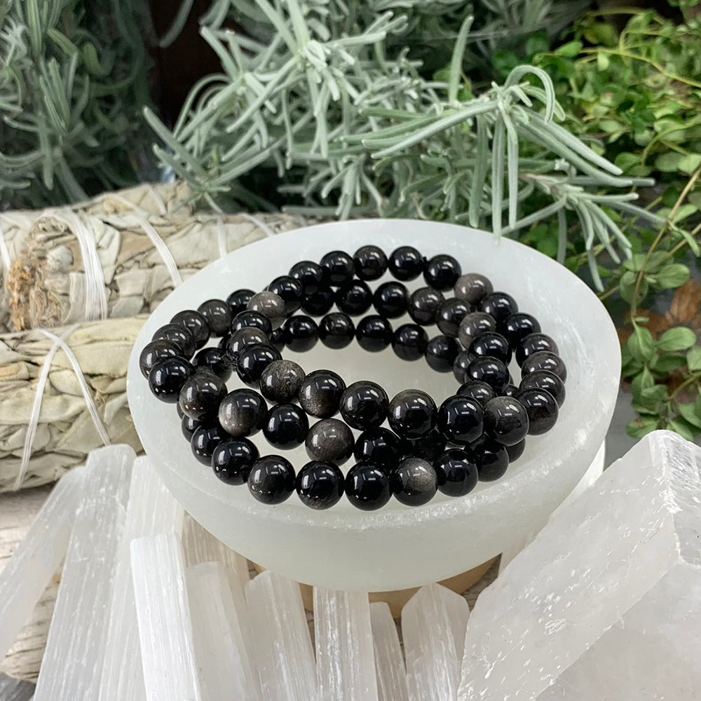 Mala Bracelet: Silver Obsidian