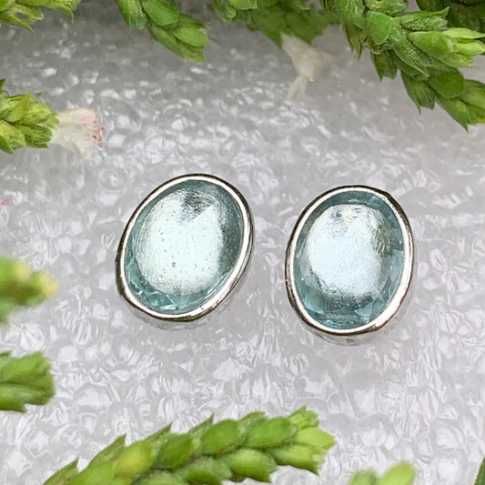 Earrings: Aquamarine Crystal Sterling Silver Studs