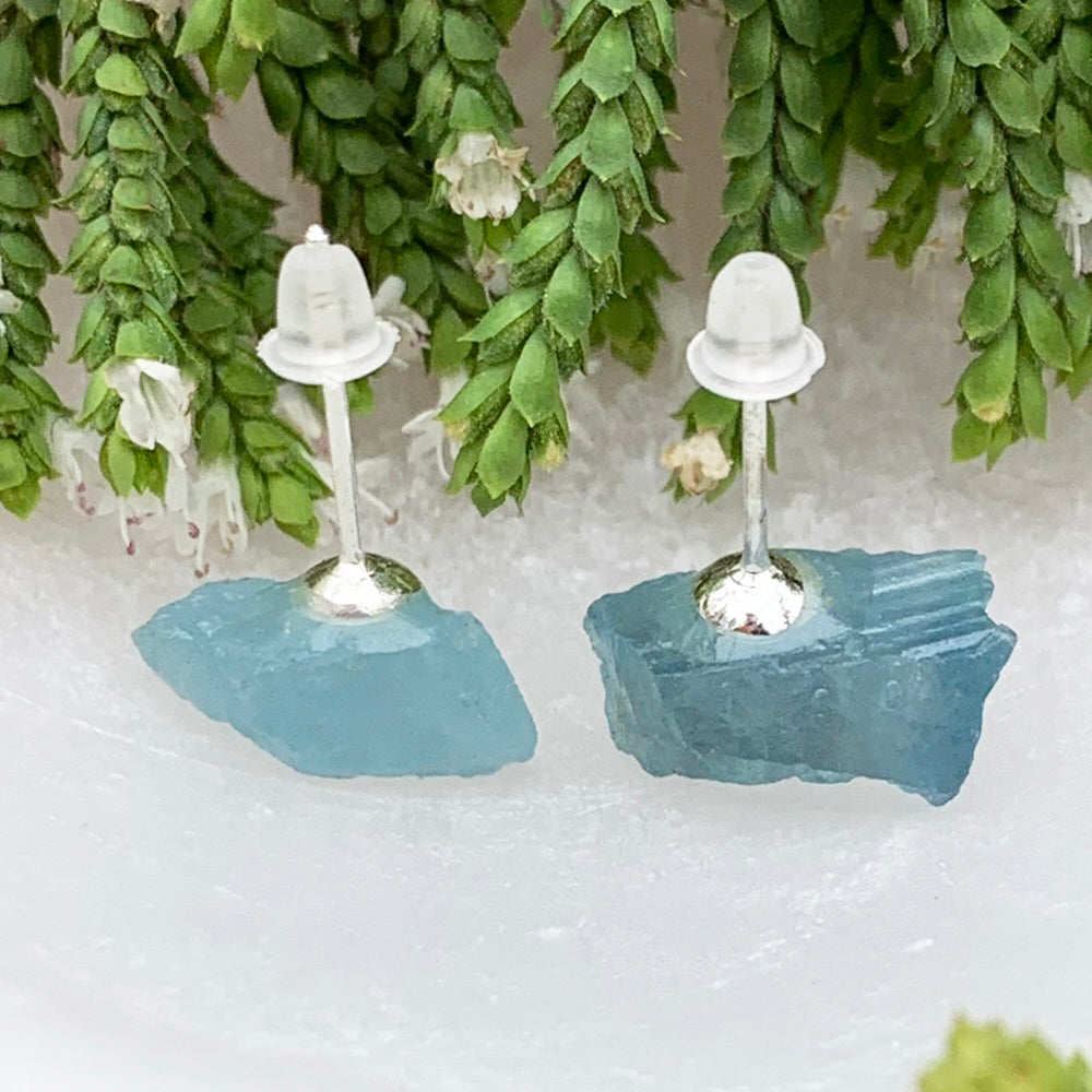 Earrings:Aquamarine Raw Stone Studs