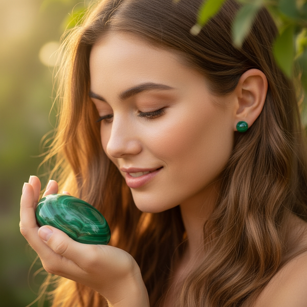 Round Stud Earrings: Malachite