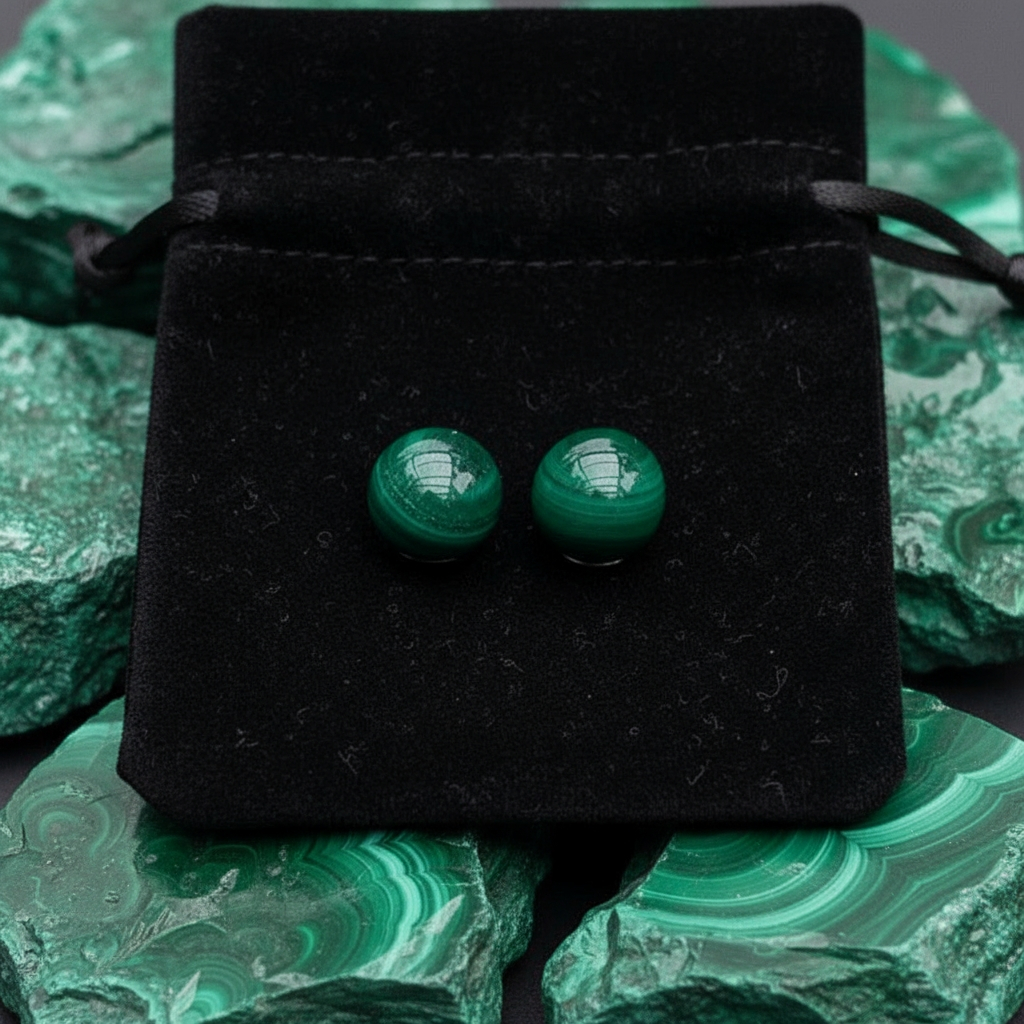 Round Stud Earrings: Malachite