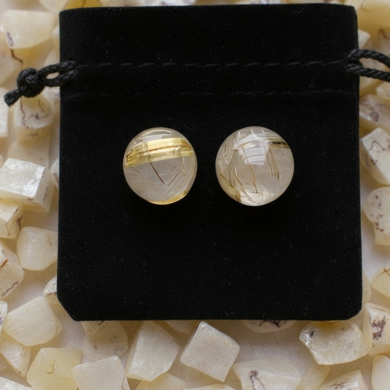 Round Stud Earrings: Rutilated Quartz